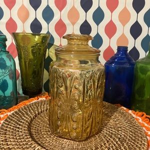 L.E. Smith Atterbury Scroll Amber Glass Canister 9 1/2" tall